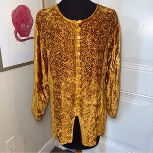 Anthony Mark Hankins Yellow Crushed Velvet Shirt SZ M Amber Embroidered Boho Top